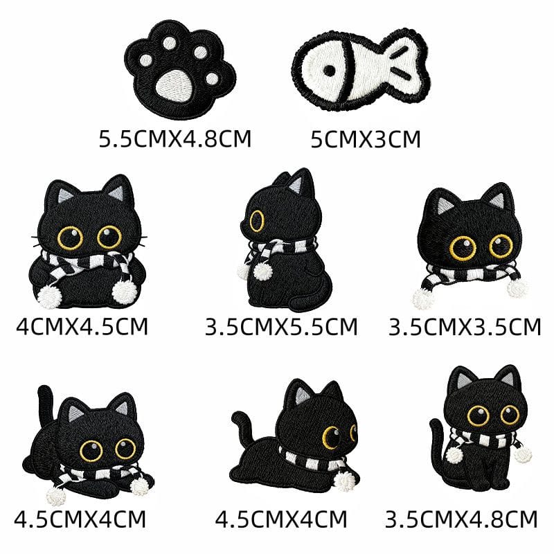 Black Cat Patch Set — Embroidered Iron-On Patches in 5 Themes