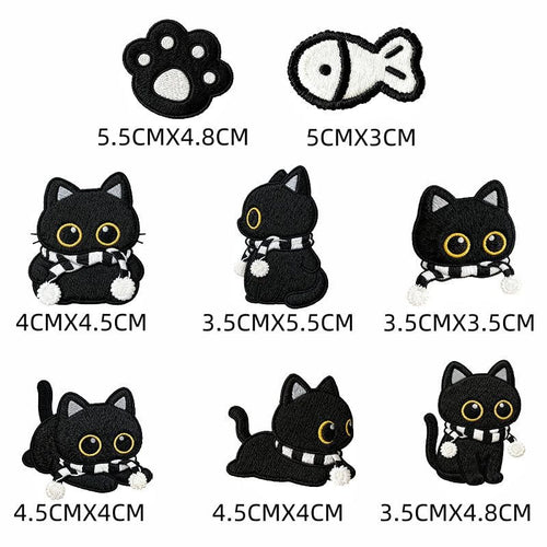 Black Cat Patch Set — Embroidered Iron-On Patches in 5 Themes
