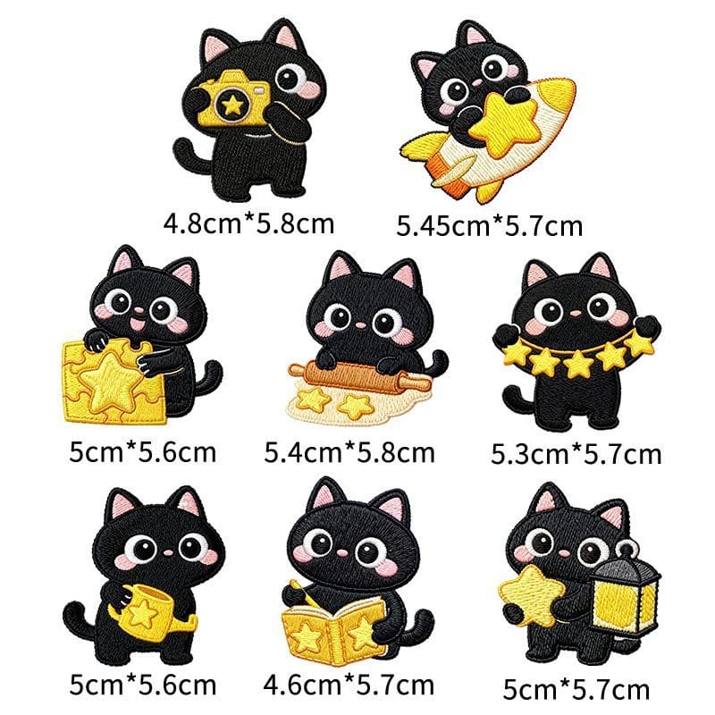 Black Cat Patch Set — Embroidered Iron-On Patches in 5 Themes
